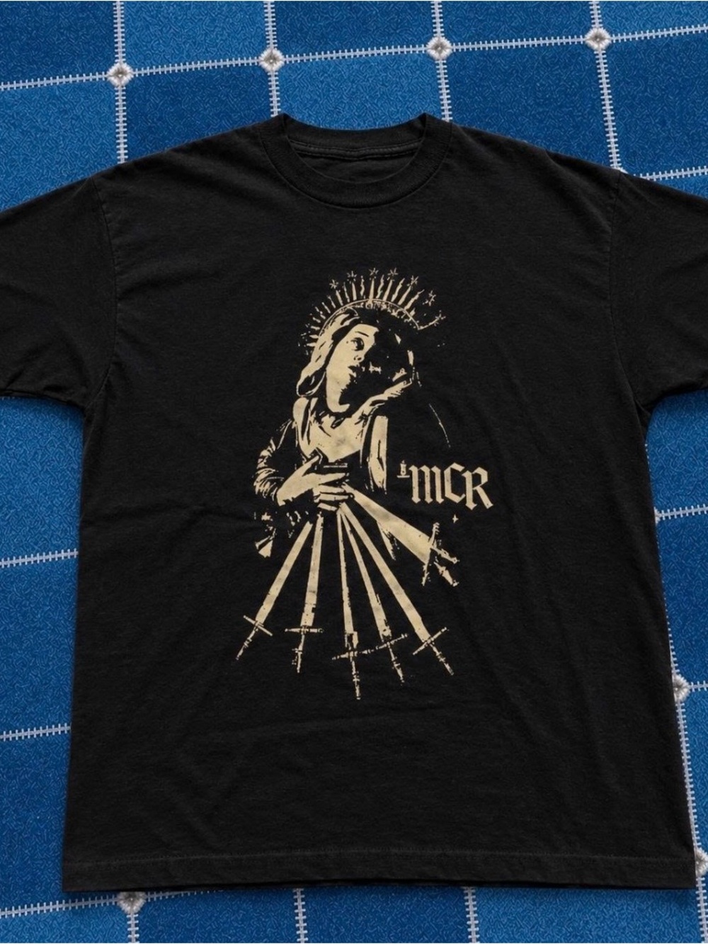 Gildan Black Short-Sleeve Tee with Ivory Religious Portrait Graphic